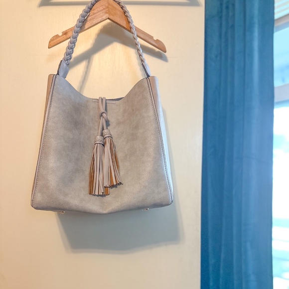 Jen + Co Vegan Leather Dina Contrast Tote Bag in Gray & Beige - Picture 1 of 4
